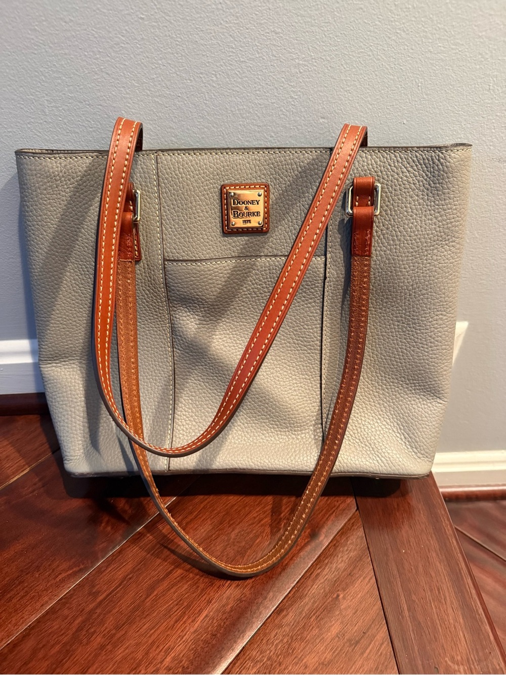 Dooney & Bourke Gray Pebble Leather Tote with Brown Straps and Front Pocket